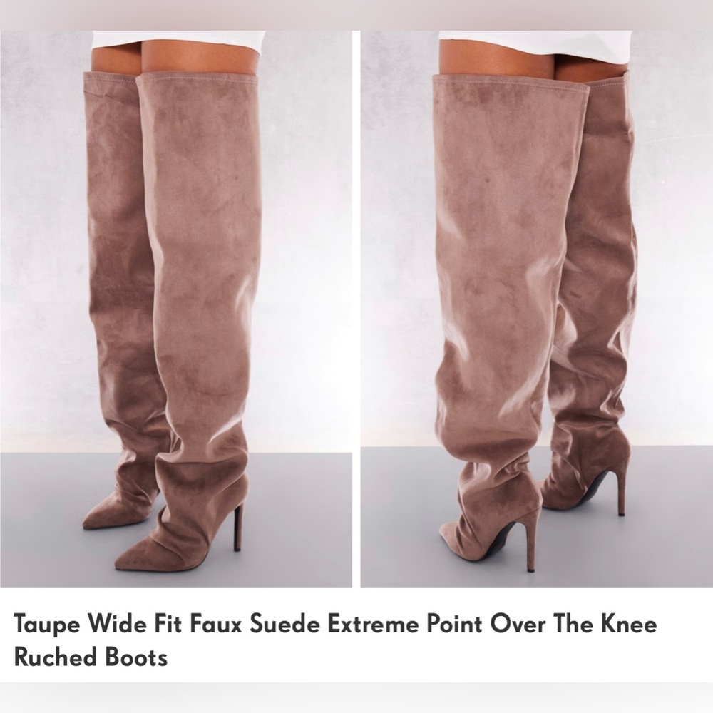 Taupe Wide Fit Suede Over The Knee Ruched Boots.